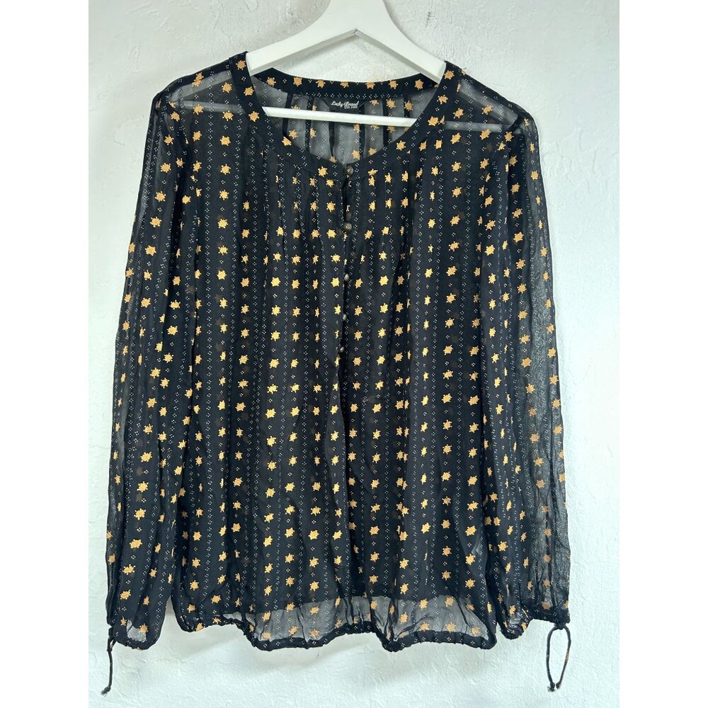 Lucky Brand Womens Black Sheer Gold Fleck Pleated Blouse Top Medium Long Sleeve